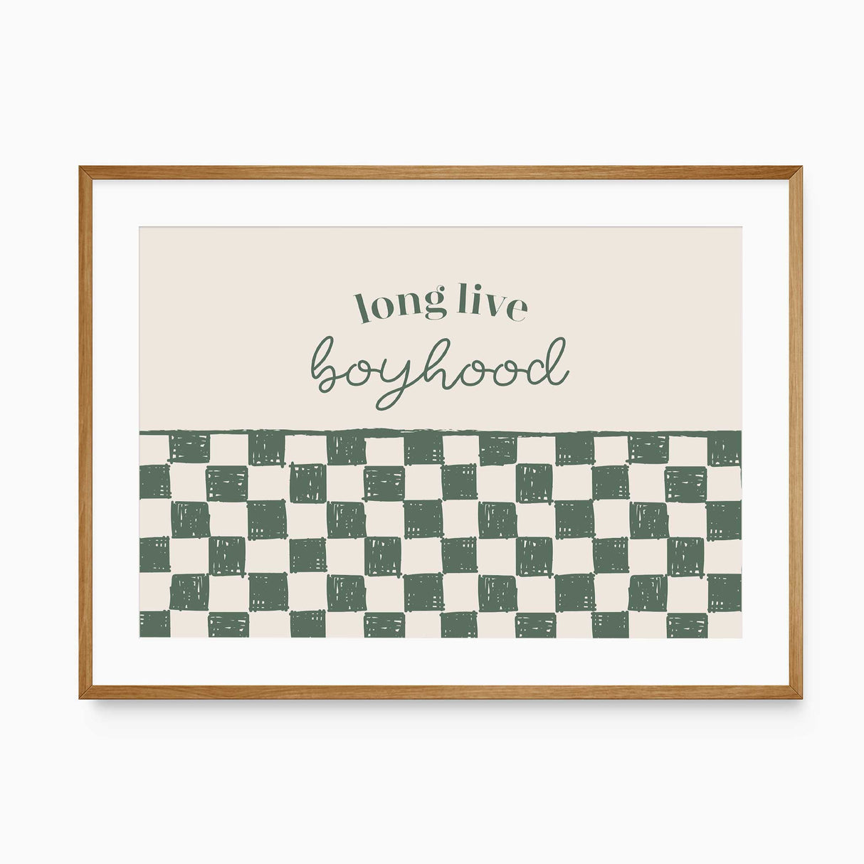 A minimalist kids wall art featuring 'Long Live Boyhood' text with a green checkerboard design. Perfect for boys bedroom or nursery decor