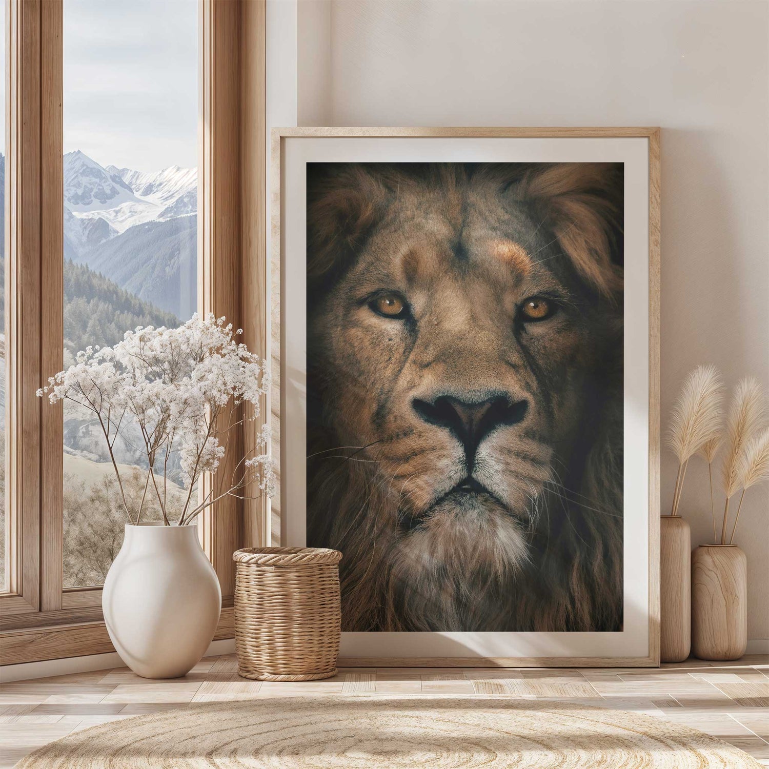 Close up portrait of a lion, emphasising the texture of its lower mane and whiskers, essential room decor