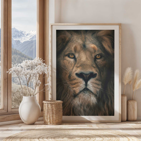 Close up portrait of a lion, emphasising the texture of its lower mane and whiskers, essential room decor