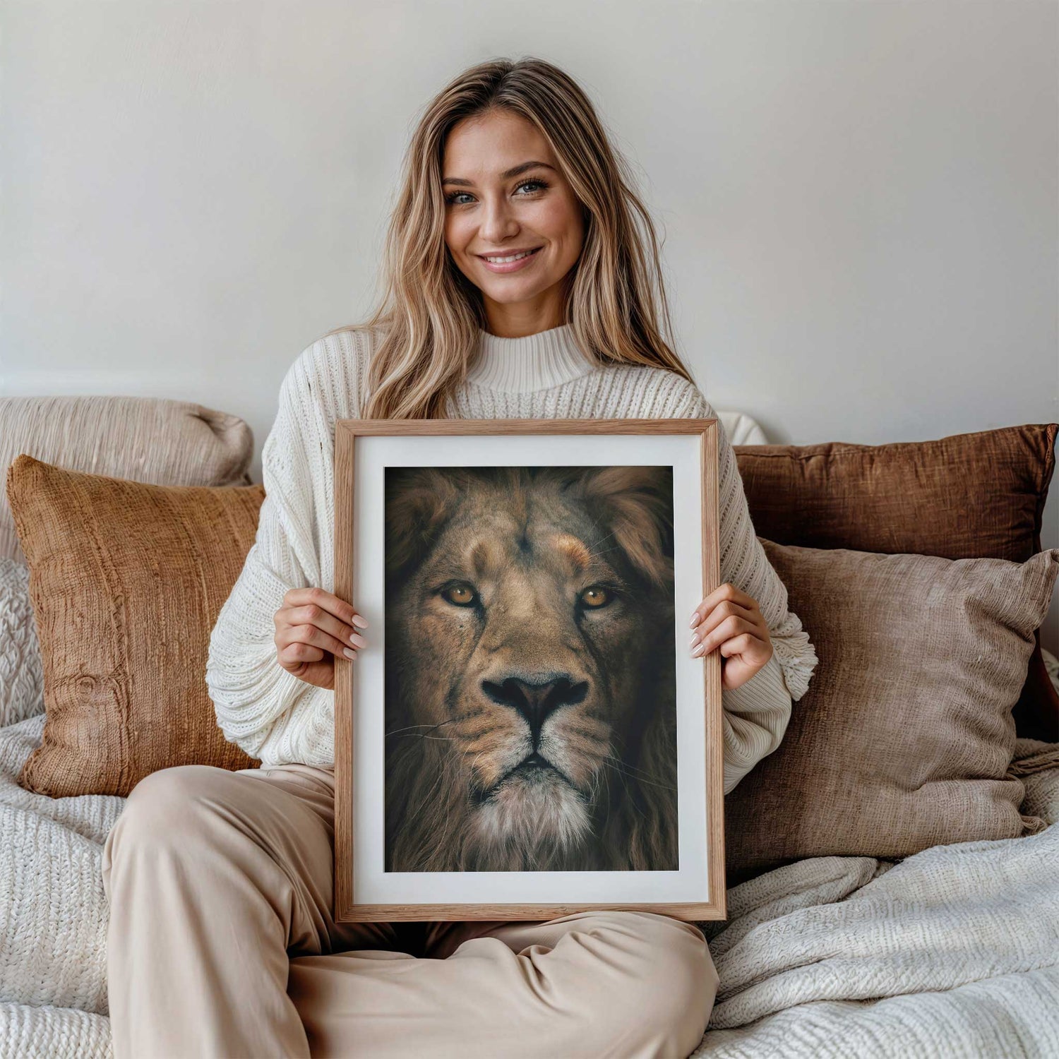 Close-up lion portrait print in neutral tones, luxury wildlife wall art for modern home interiors