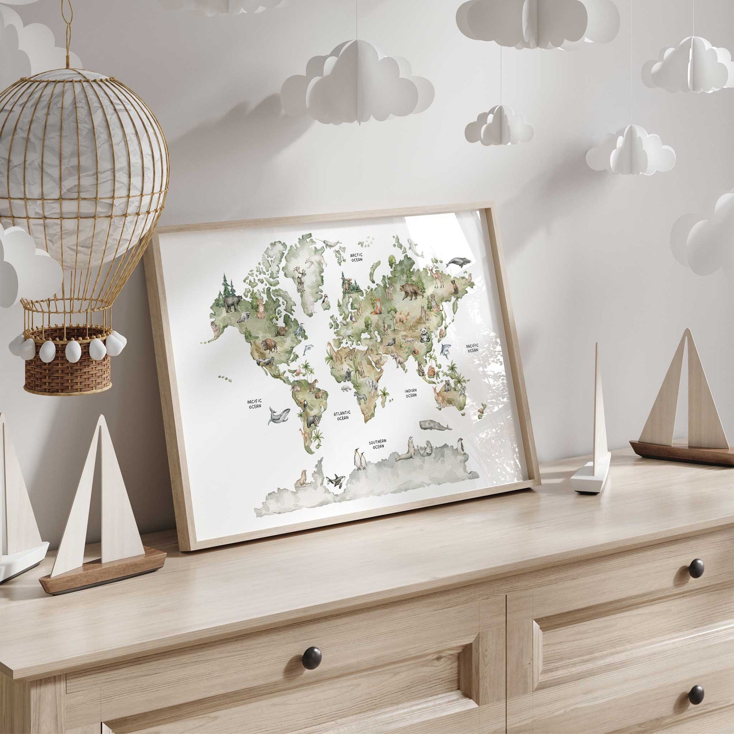 Kids world map print with watercolor illustrations of animals designed for educational and decorative use.