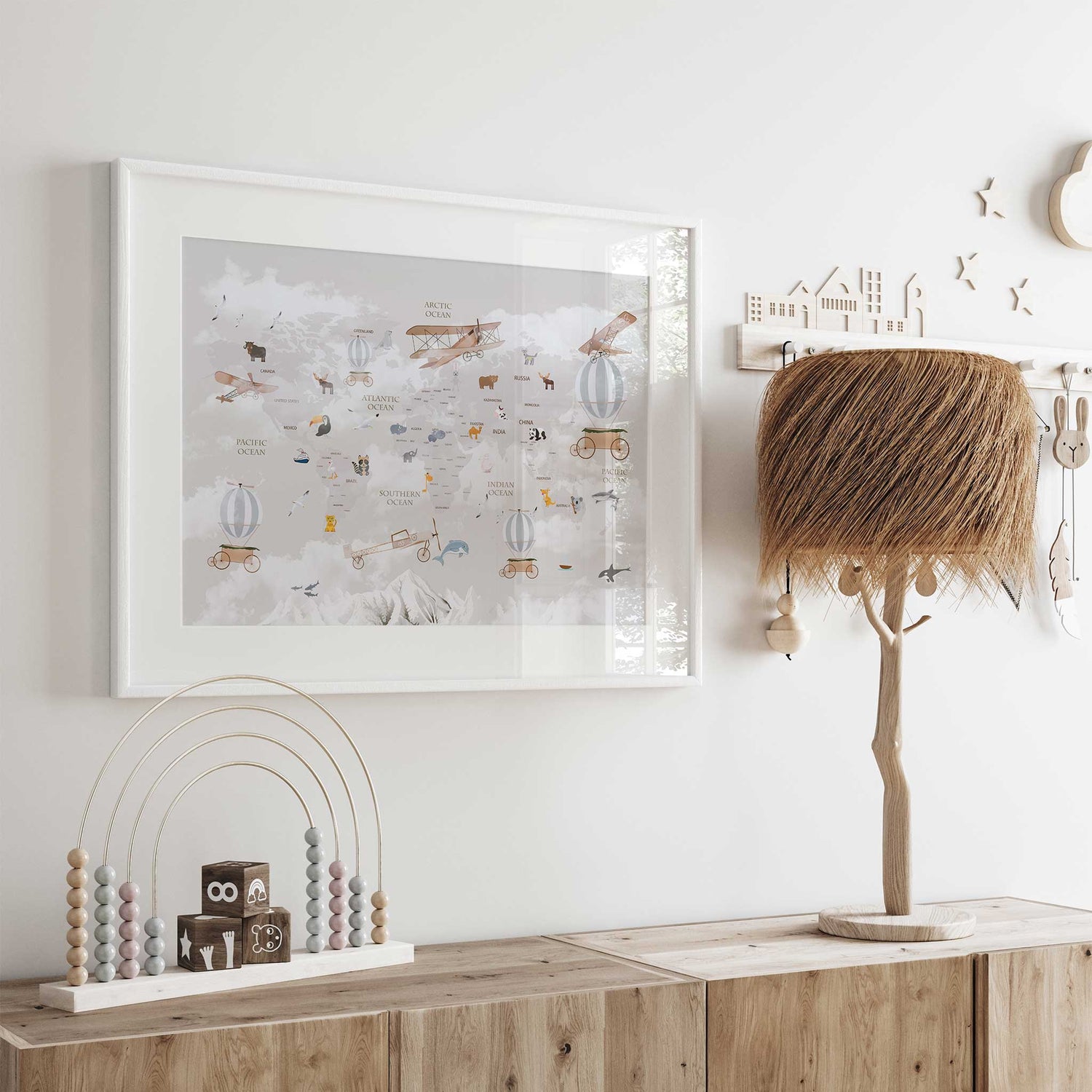 Educational world map poster for children with cute animals and vintage travel theme