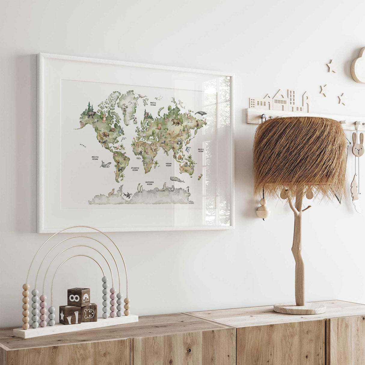 Watercolour animal world map print for kids featuring Australian wildlife like kangaroos, koalas, and wombats.