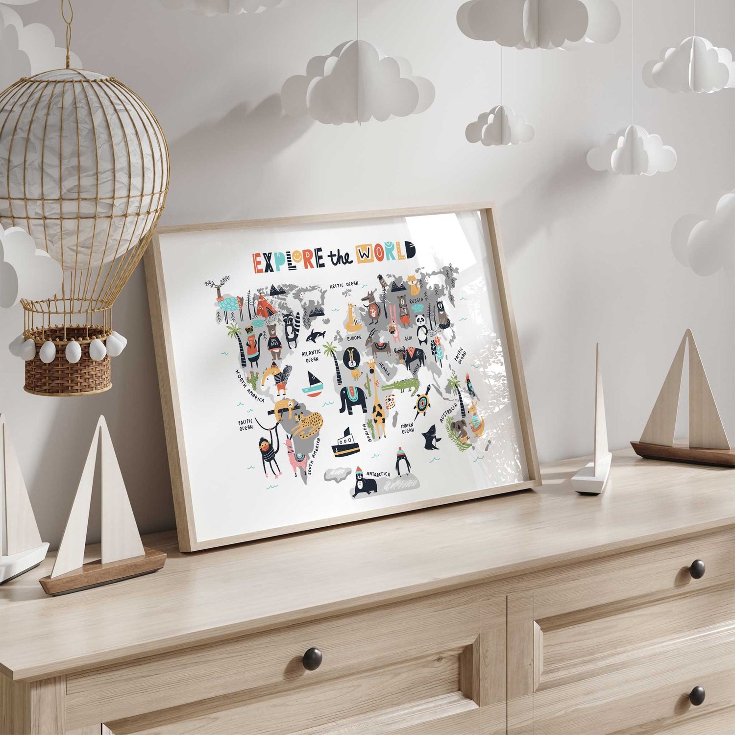 Educational kids' world map poster featuring animals and explorer designs
