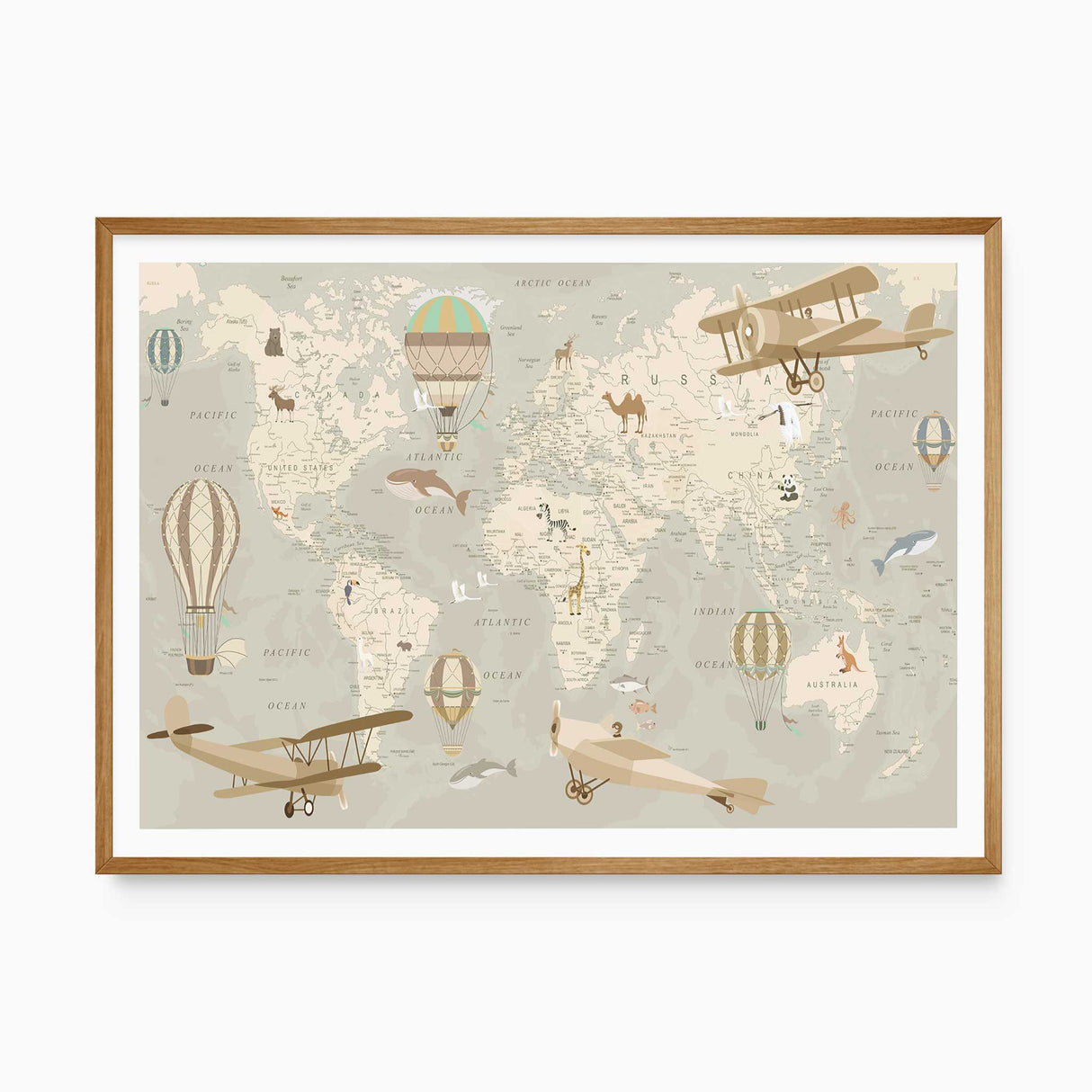 Vintage kids world map print featuring animals, planes, and hot air balloons for nursery wall decor