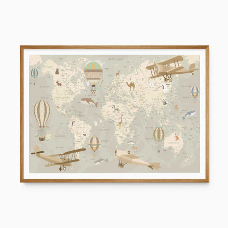 Vintage kids world map print featuring animals, planes, and hot air balloons for nursery wall decor
