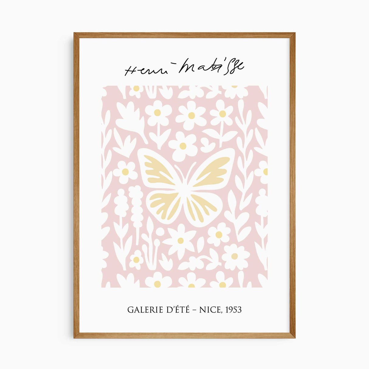 Butterfly and floral wall print in Matisse style with pink background