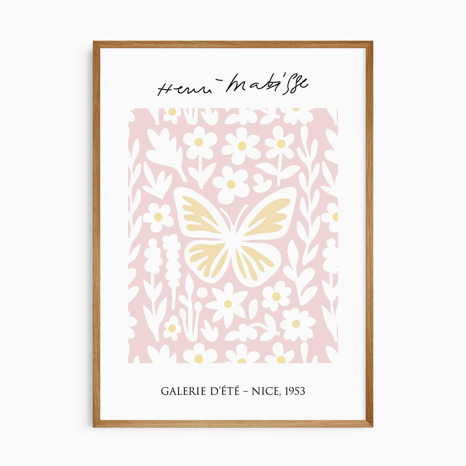 Butterfly and floral wall print in Matisse style with pink background
