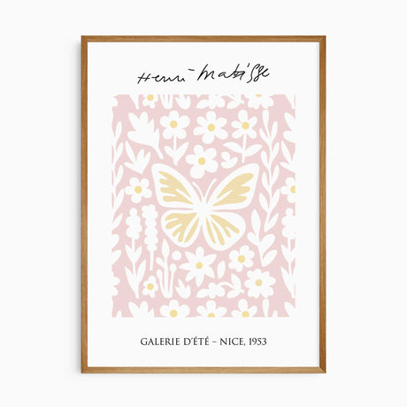 Butterfly and floral wall print in Matisse style with pink background