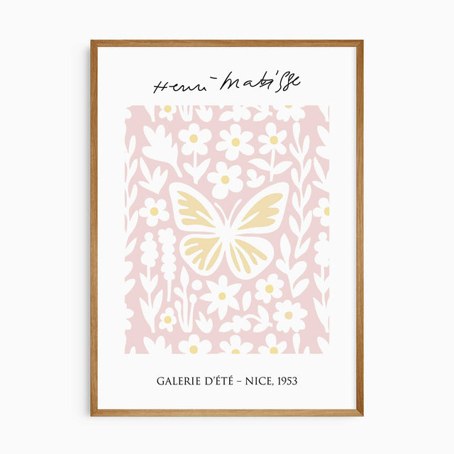 Butterfly and floral wall print in Matisse style with pink background