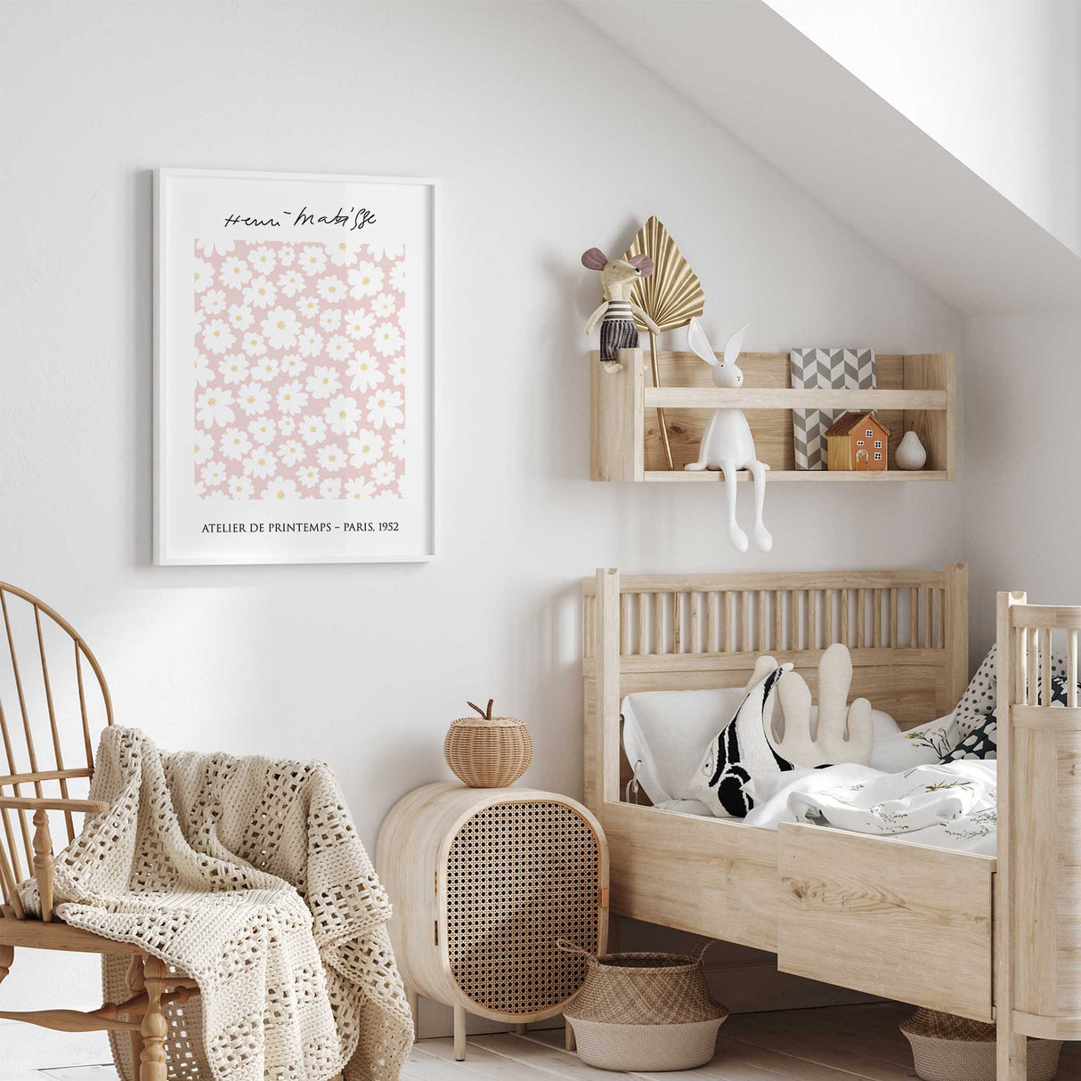 Matisse style pink floral wall art with white daisies on blush background