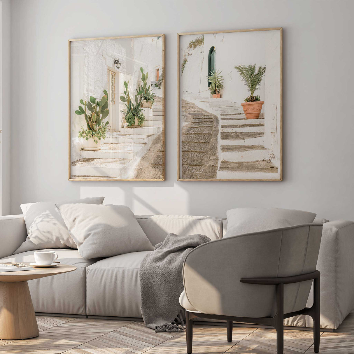 Mediterranean alleyway wall art print set featuring white stone steps, cactus plants and sunlit European street scenery for modern coastal home décor