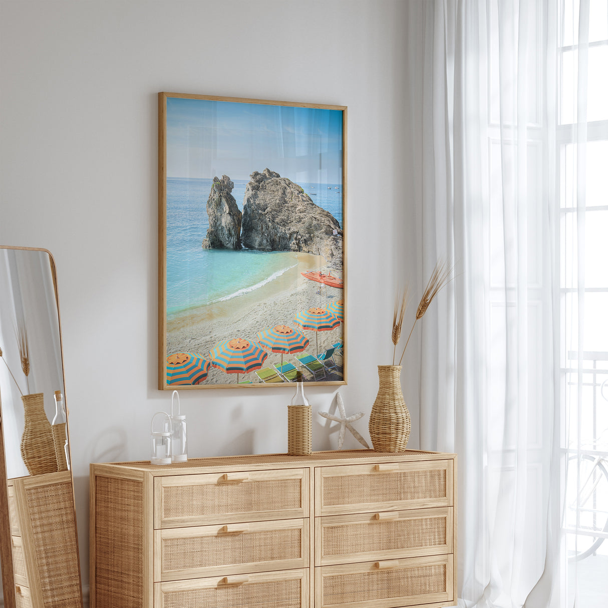 Mediterranean beach view with umbrellas and seaside cliffs