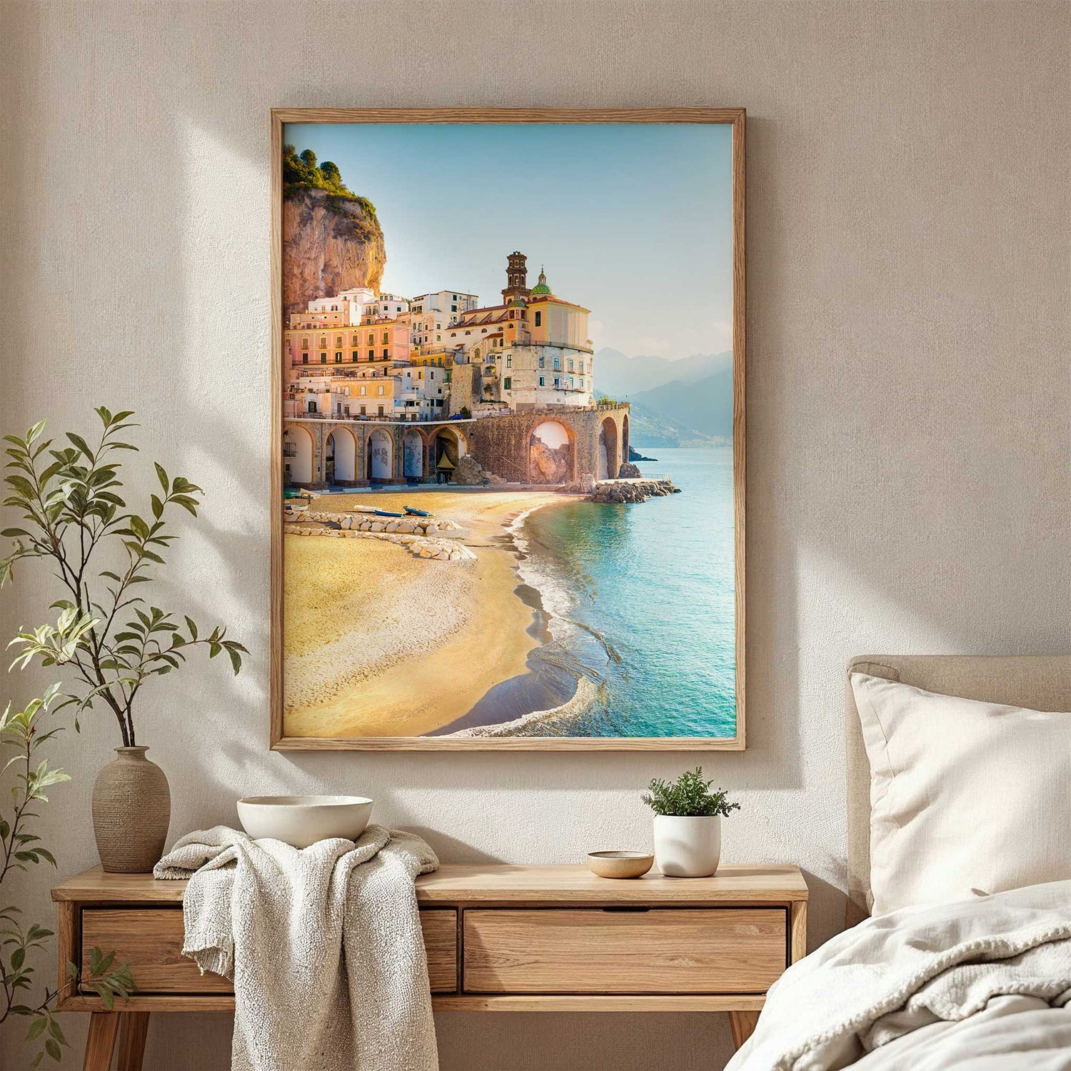 Mediterranean seaside wall art print with Italian coastal village and beach