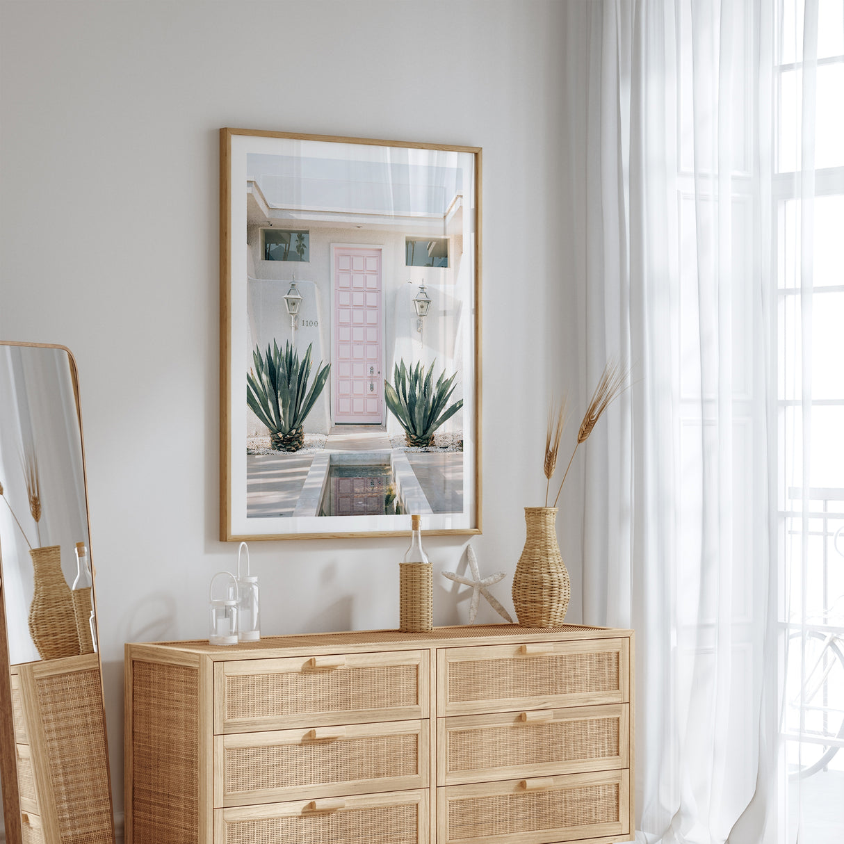 Mid-century modern door wall art print, Palm Springs pink entryway design with clean white border.