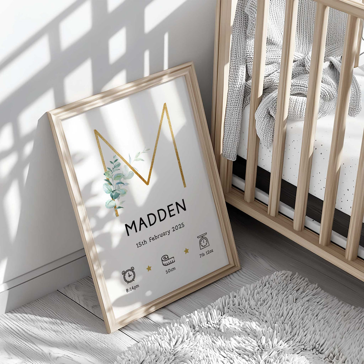 Minimalist birth stats print for nursery wall featuring time, weight, and length