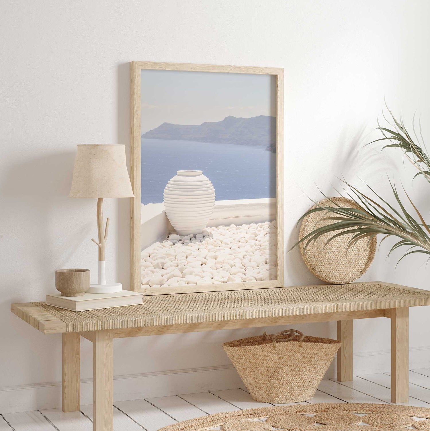 Unframed neutral wall art with ocean view