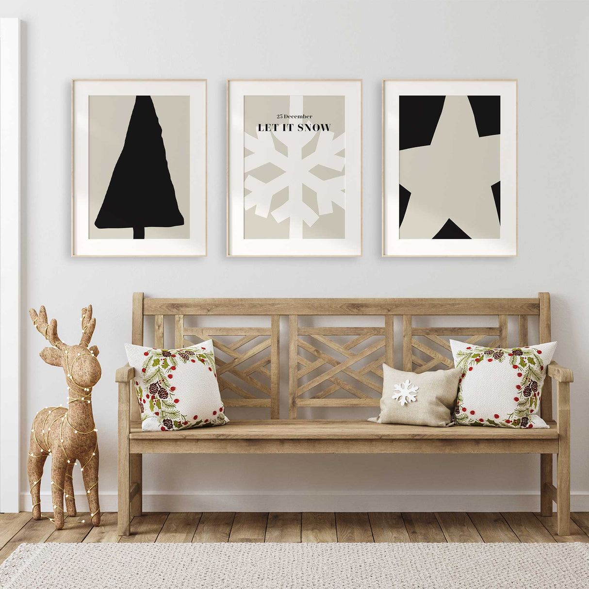 Modern minimalist Christmas wall art set of 3 with tree, snowflake, and star prints.