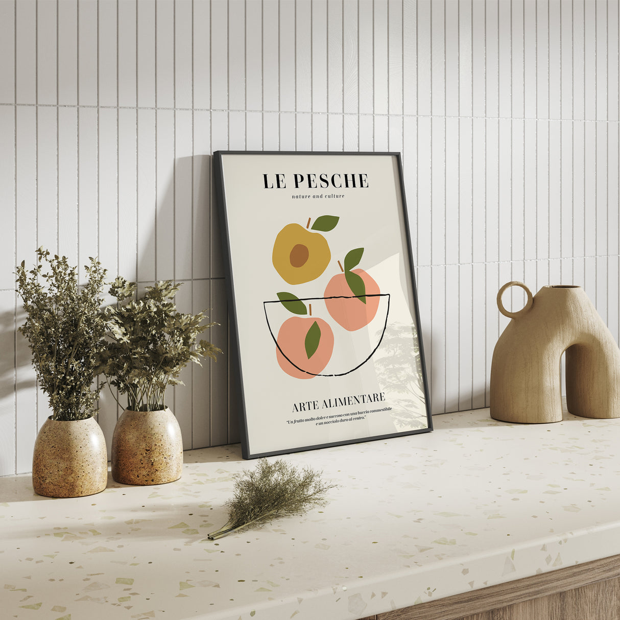 Minimalist fruit illustration print featuring abstract peaches and green leaves in Scandinavian art style