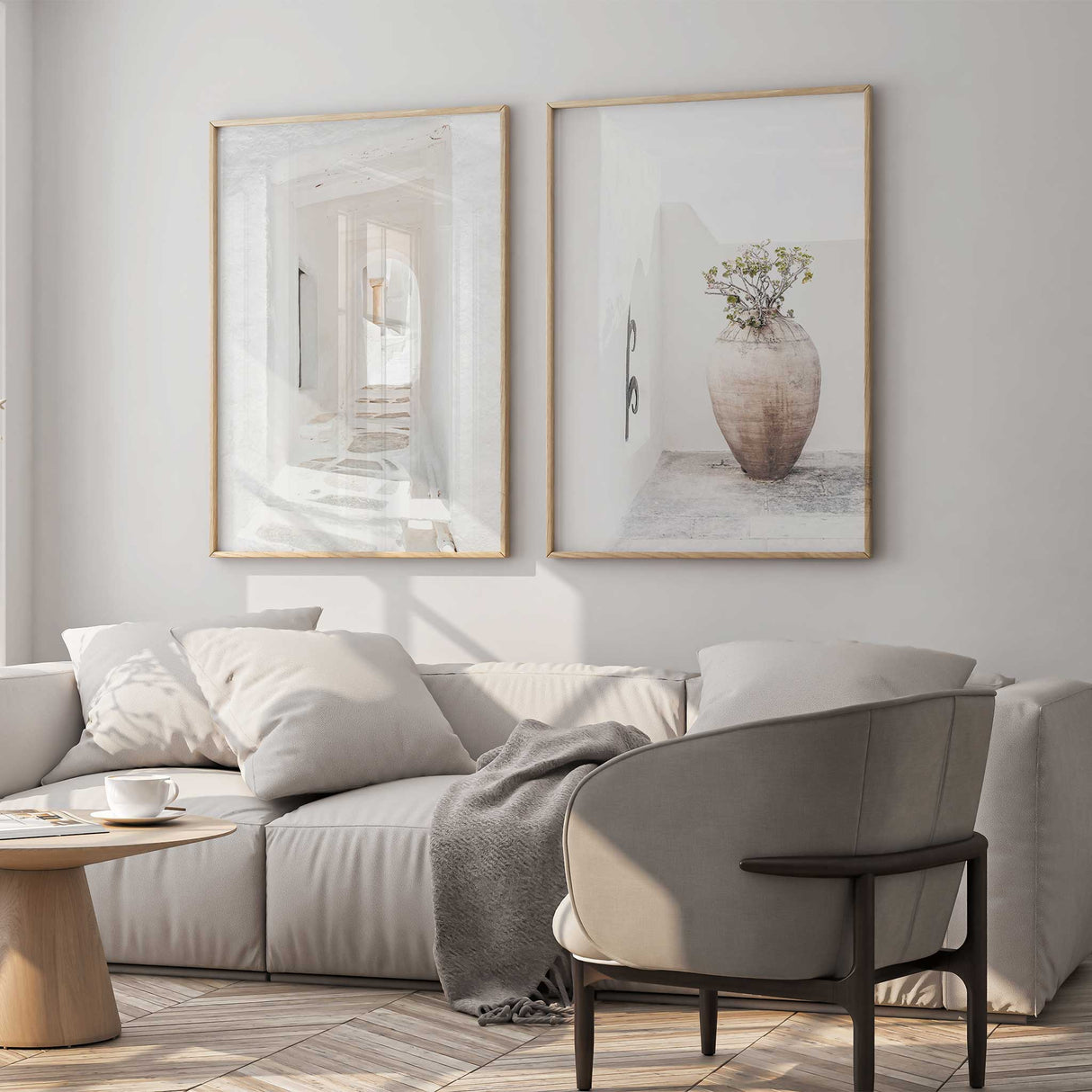 minimal mediterranean art set featuring soft white architecture and earthy urn detail