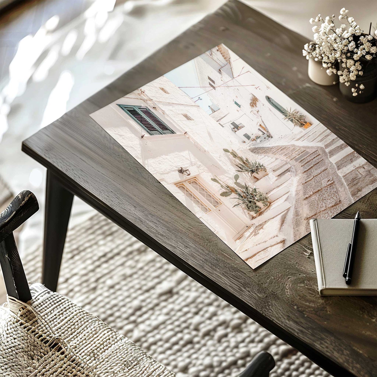 Summer scene wall art from Puglia, Italy featuring Ostuni’s sunlit stone steps and white buildings.