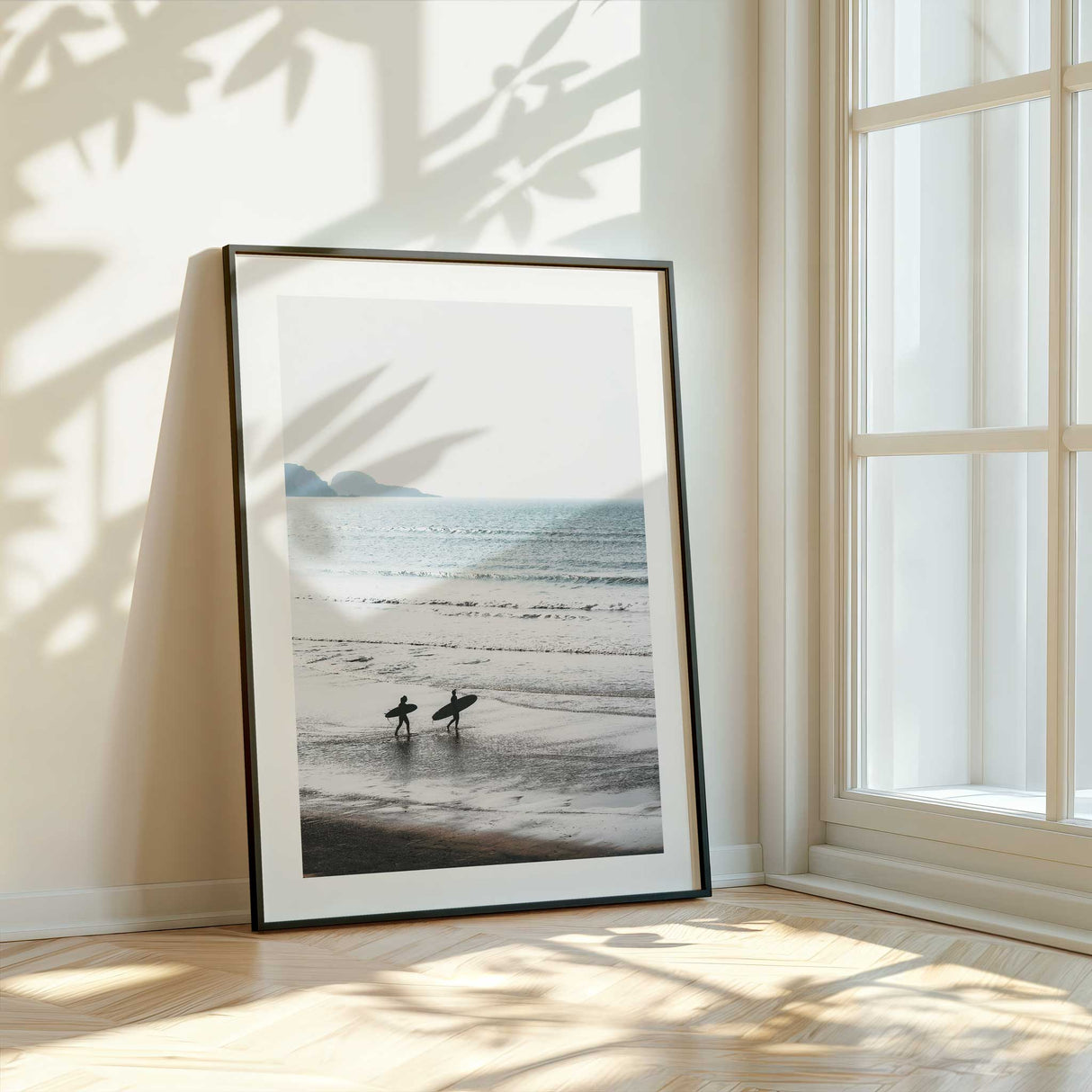 Minimalist coastal wall art with two surfers and calm sea