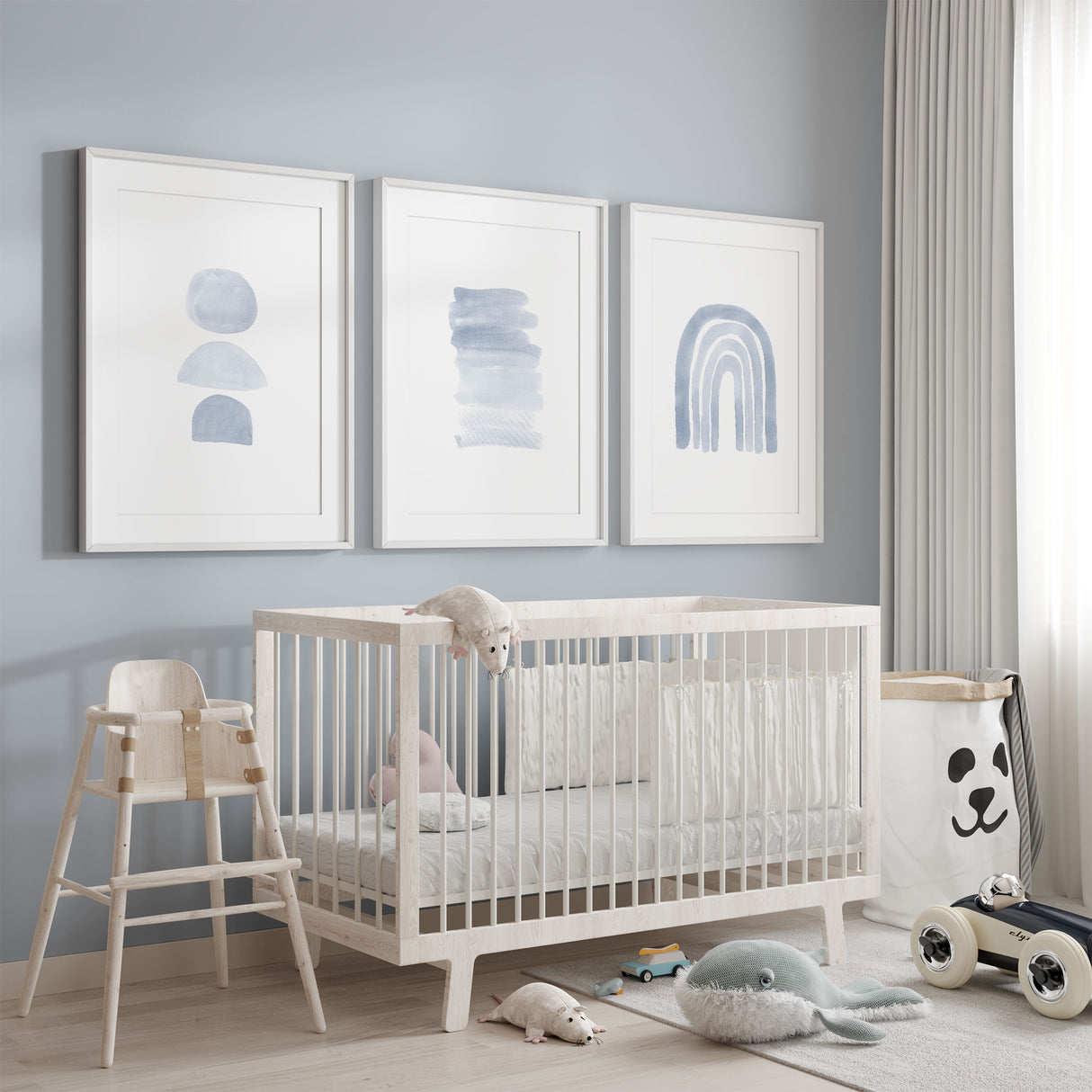Modern blue baby boy nursery prints in Scandinavian style