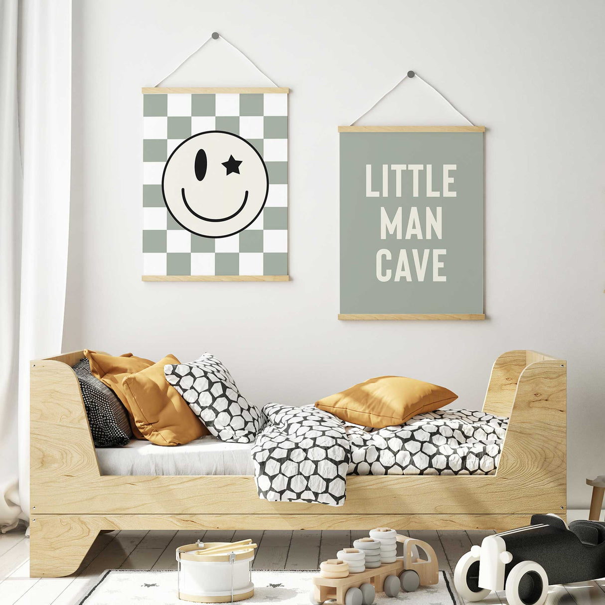 Modern boys bedroom wall art set with Little Man Cave quote and smiley face poster.