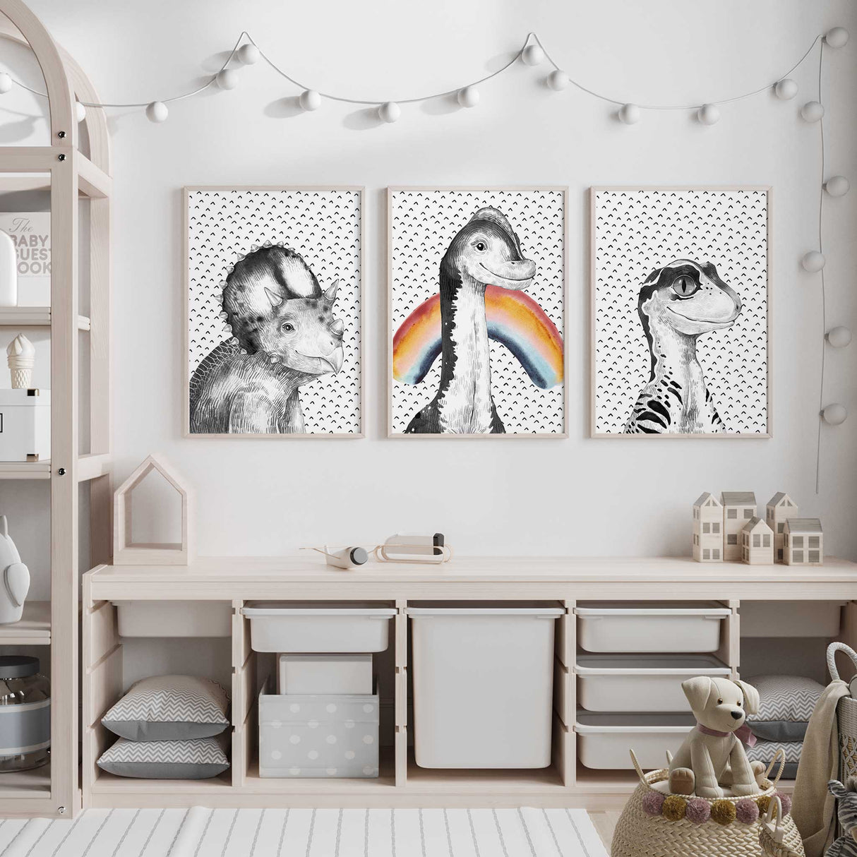 Modern dinosaur nursery prints set with patterned background designs