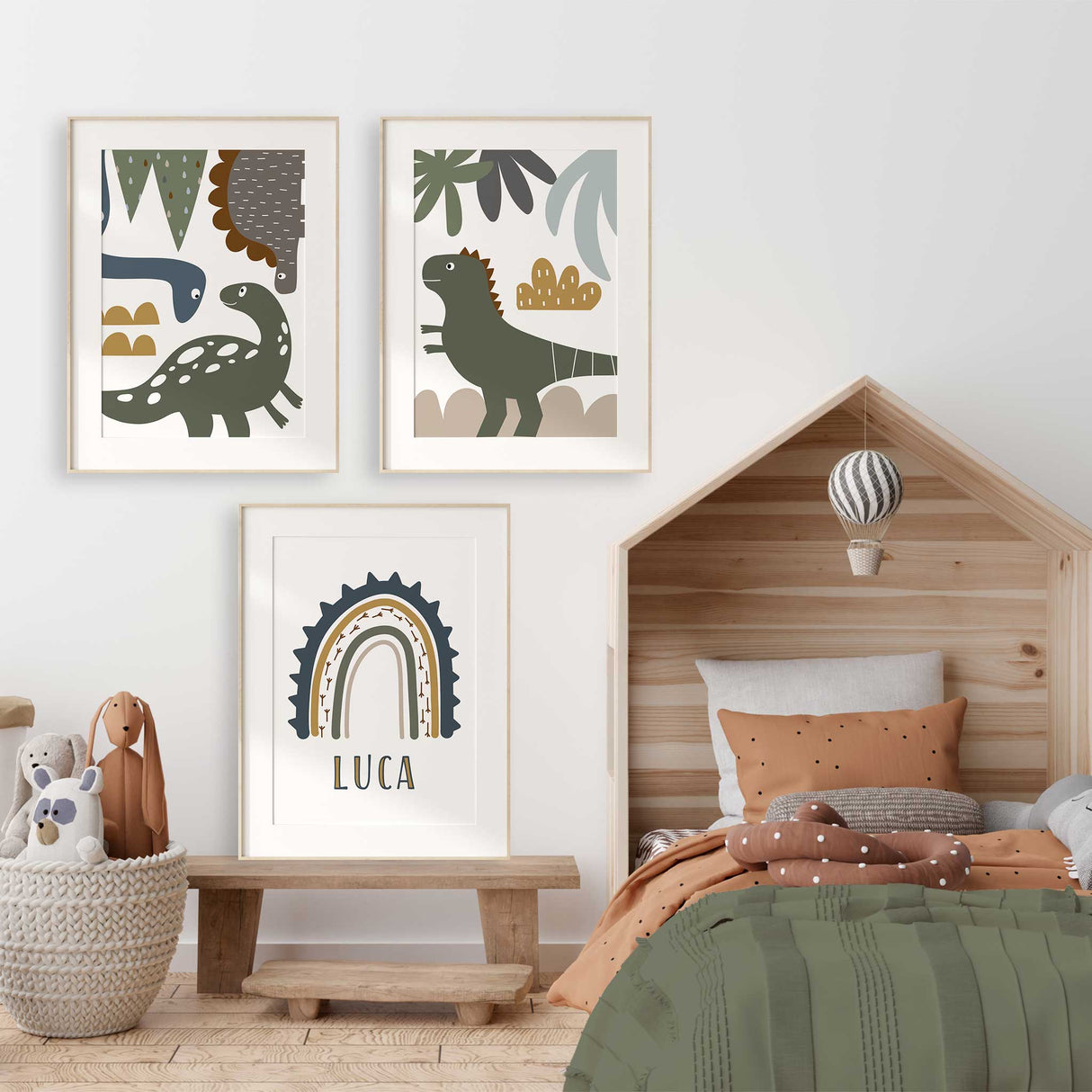 Modern personalised dinosaur prints for boys bedroom or nursery featuring playful illustrated dinosaurs