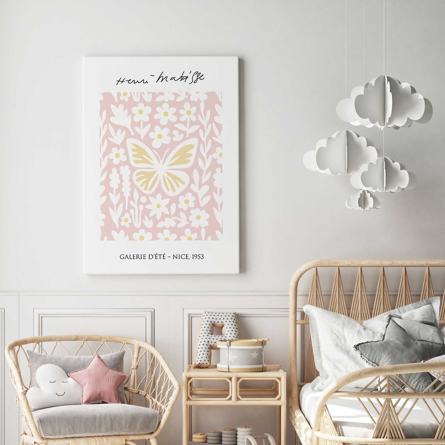 Modern Matisse inspired butterfly and flower art print in pastel tones
