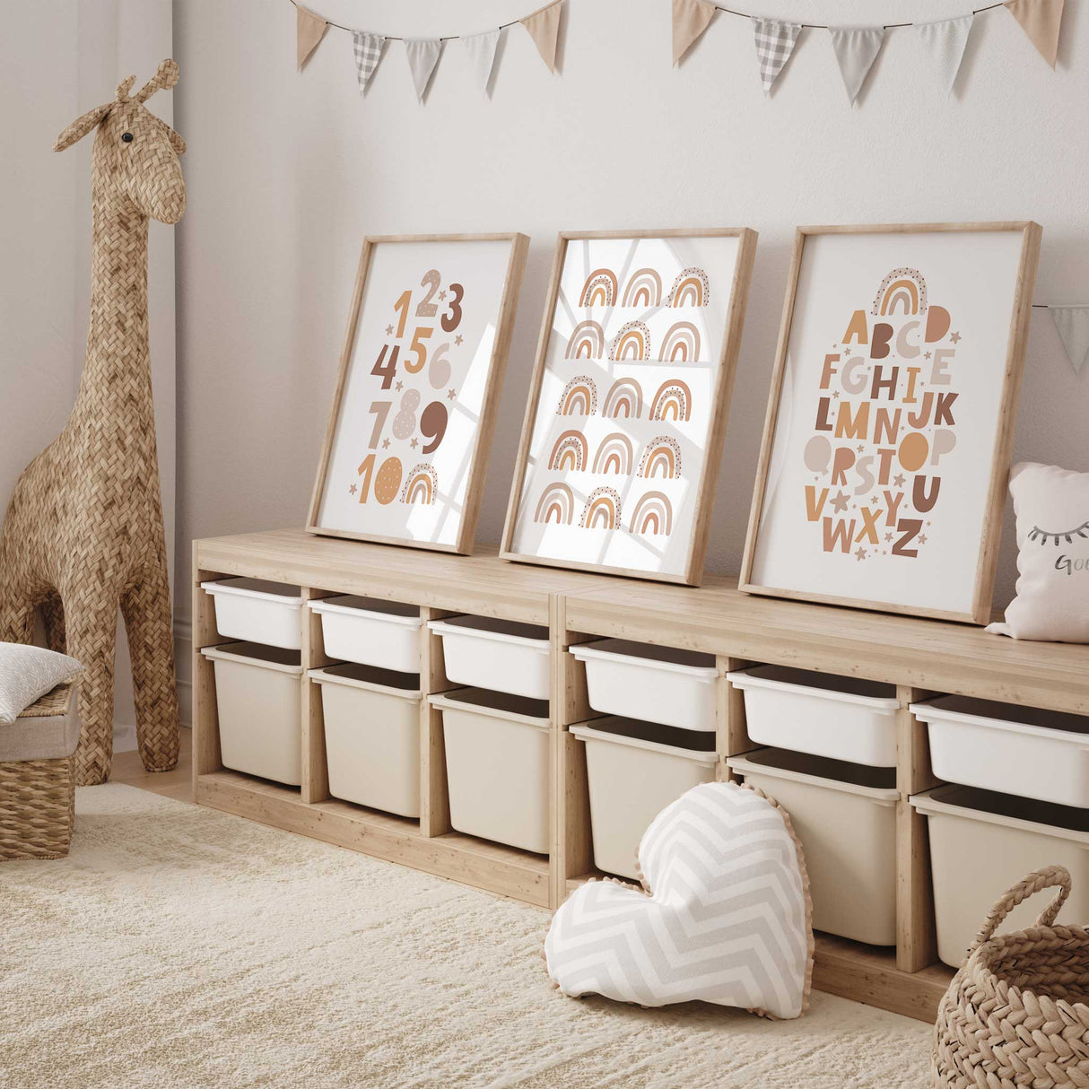 Modern neutral alphabet and numbers wall art set for kids bedroom decor