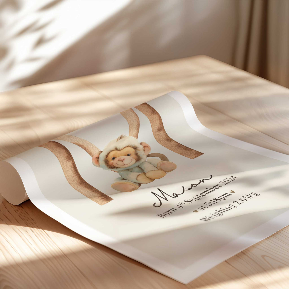 Cute monkey personalised nursery art with customisable baby birth statistics and soft neutral tones