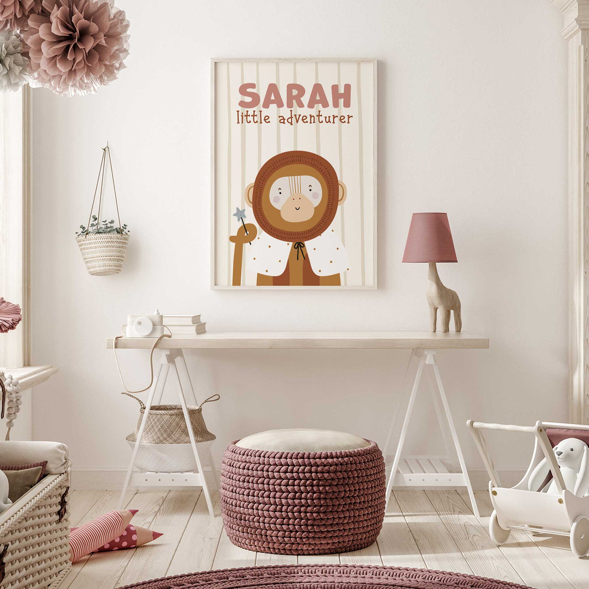 Personalised monkey safari print wearing a party hat with little adventurer wording on a striped nursery background.