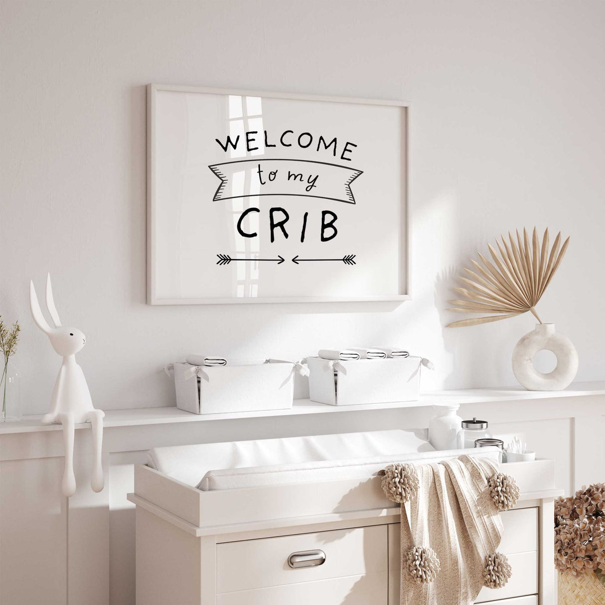 Monochrome nursery wall print with welcome to my crib text