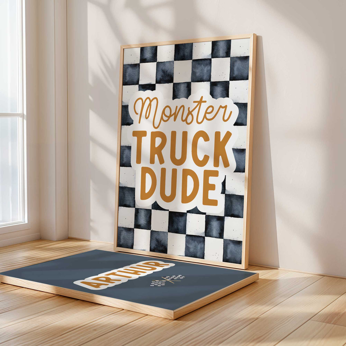 Personalized name print for boys' room with racing flags design