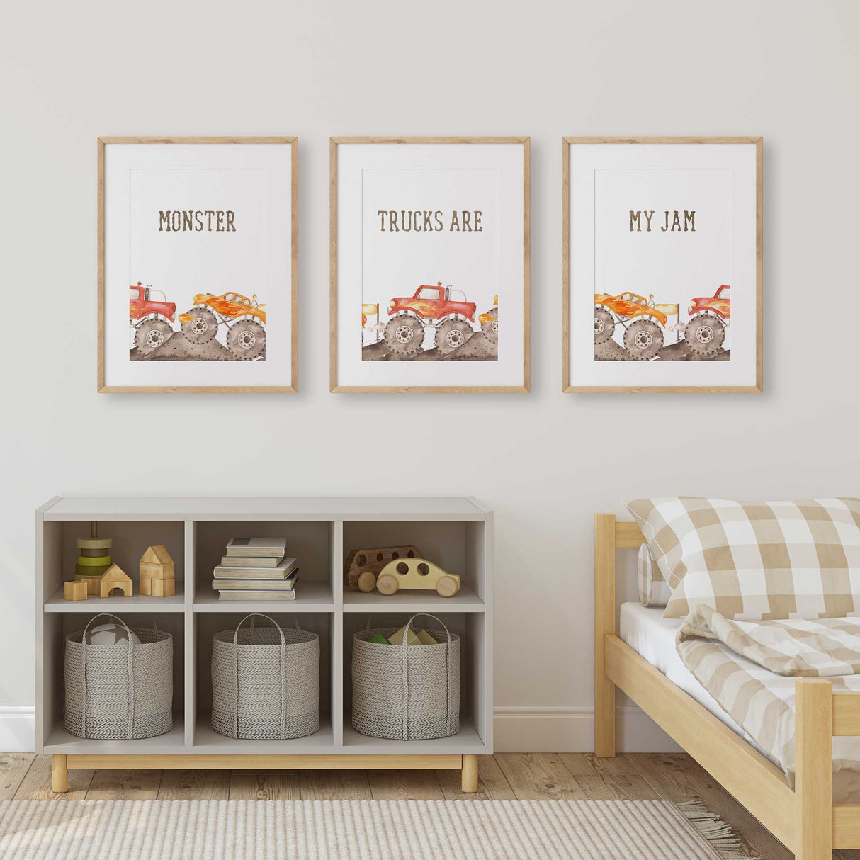 monster truck nursery prints displayed together featuring watercolor trucks for toddler boy room decor