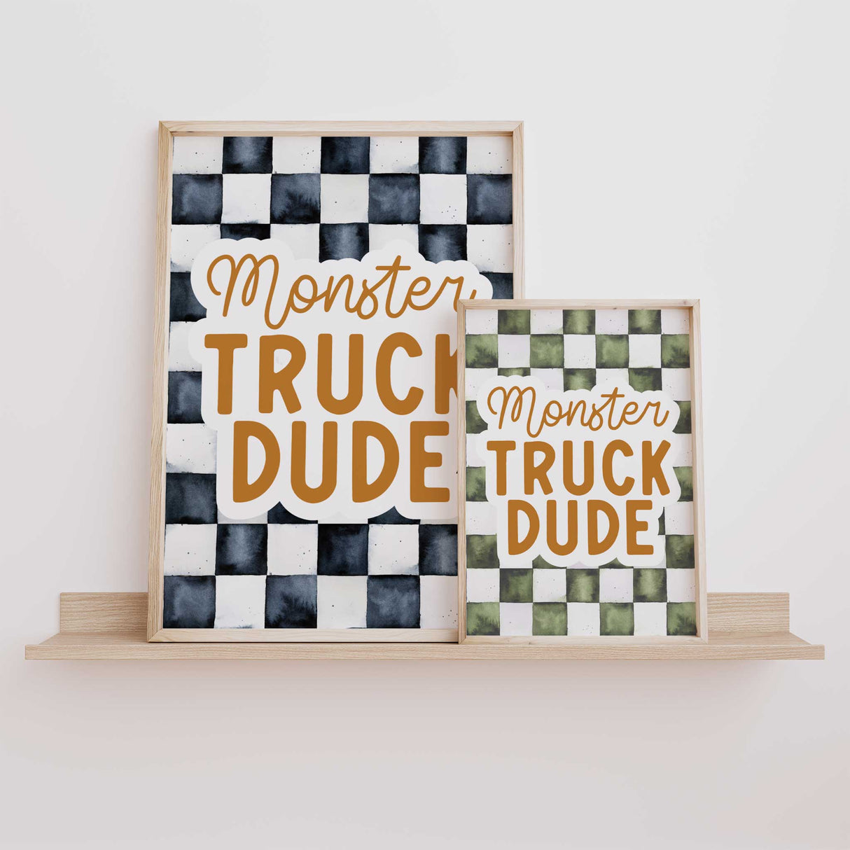 Monster truck wall art print for boys bedroom or nursery featuring bold racing truck with flame details and checkered flag background, perfect for kids room décor and truck enthusiasts.