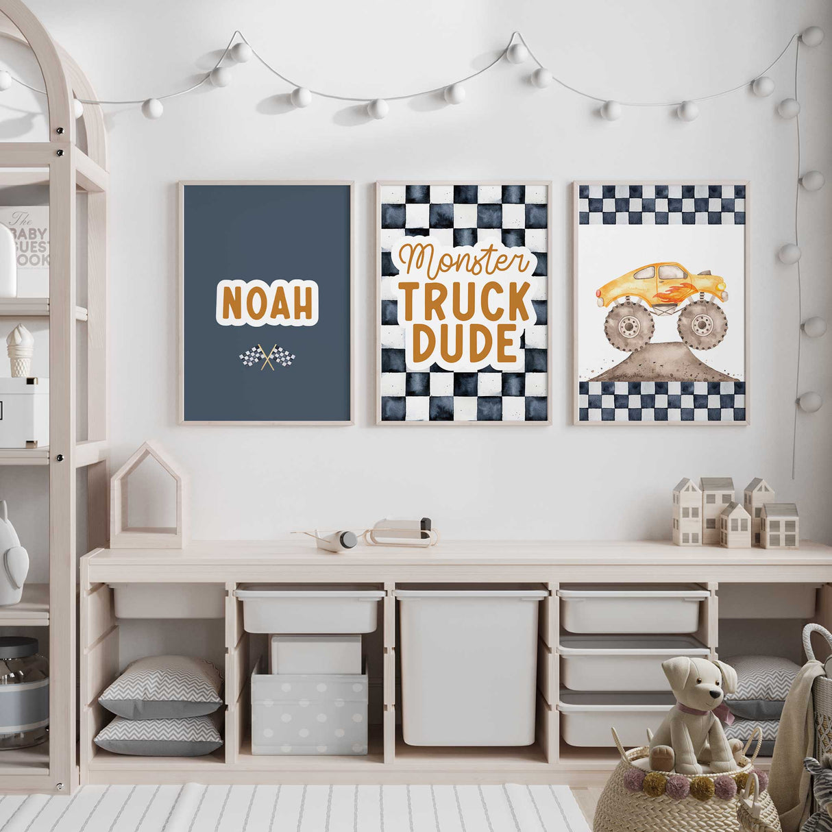 Monster truck racing-themed print set for kids' bedrooms