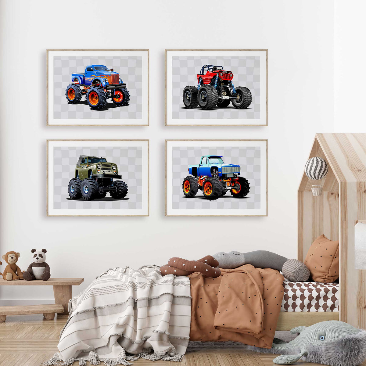 Set of four monster truck prints showing two blue trucks, a red off-road vehicle and an olive green truck on grey checks.