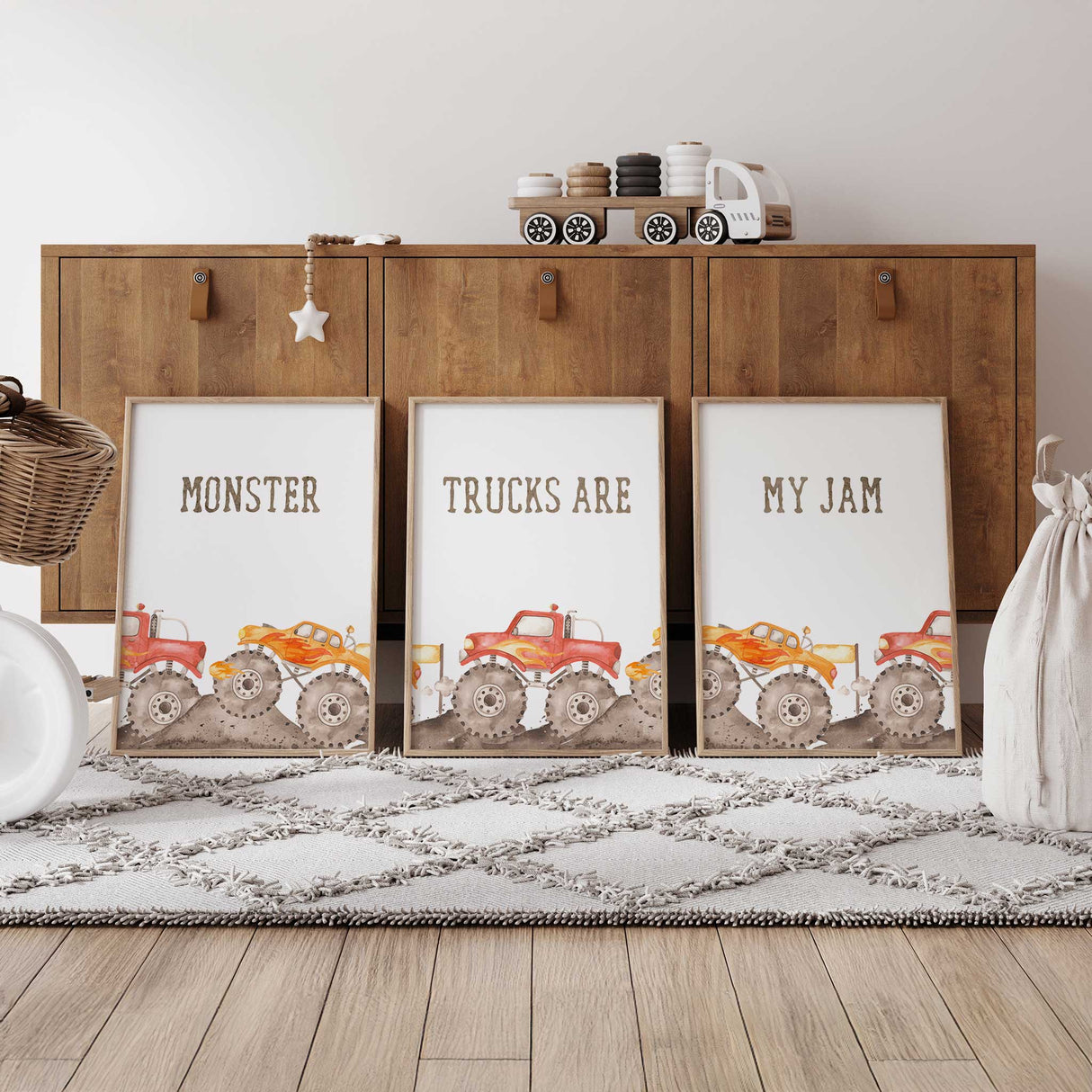 Monster truck wall art set of 3 prints featuring bold off-road trucks and the quote Monster Trucks Are My Jam for boys bedroom or playroom decor
