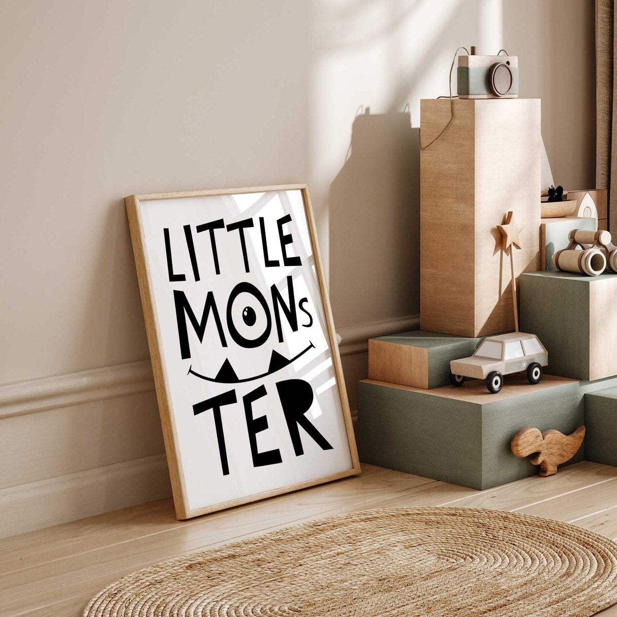 Nursery Wall Art Featuring a Playful Little Monster Text in black and white. Ideal nursery shelf decor