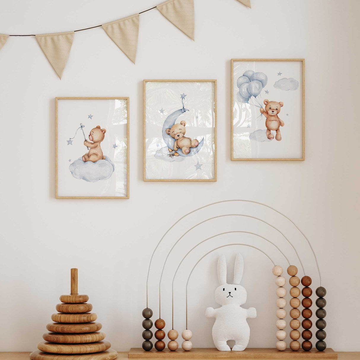 Watercolour teddy bear art set with moon and stars theme, perfect for boys nursery or neutral bedroom décor.