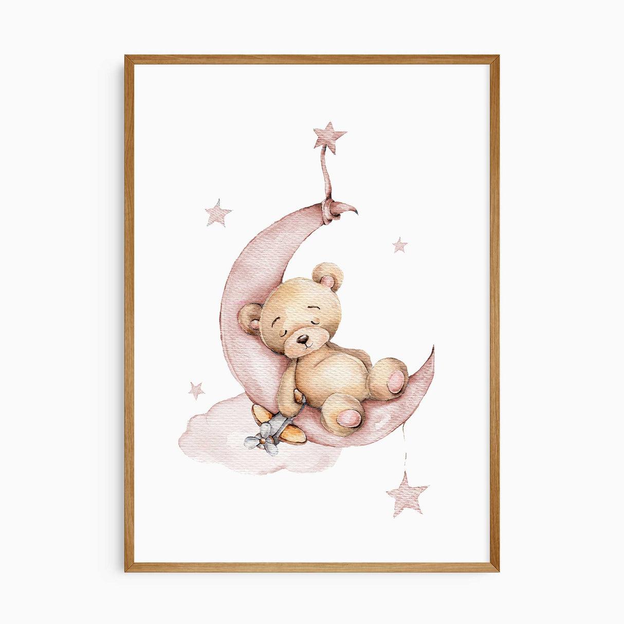 Sleeping teddy on pink moon nursery print, dreamy baby decor