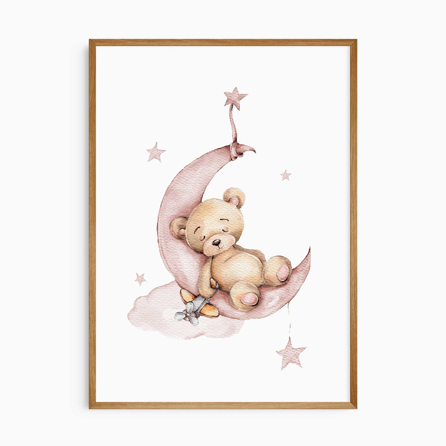 Sleeping teddy on pink moon nursery print, dreamy baby decor