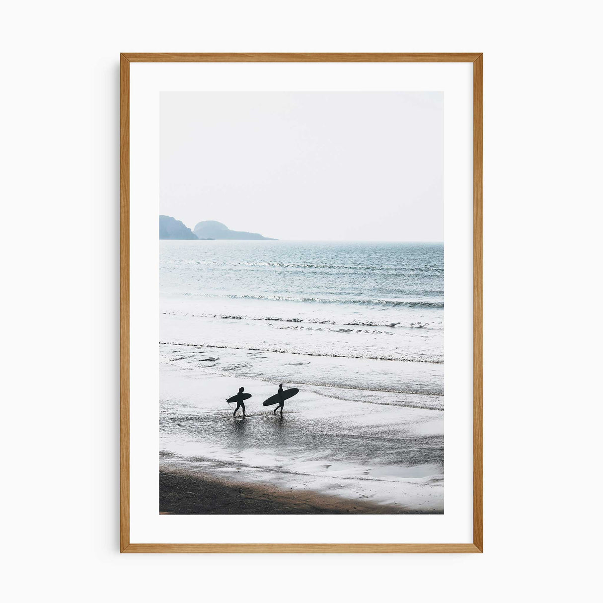 Morning surf art print with two surfers walking on a calm beach
