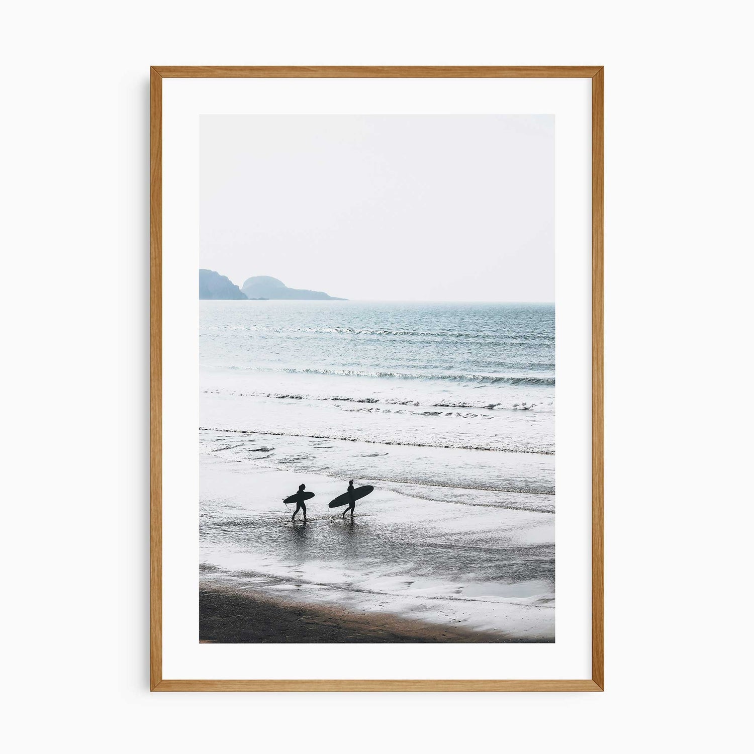 Morning surf art print with two surfers walking on a calm beach