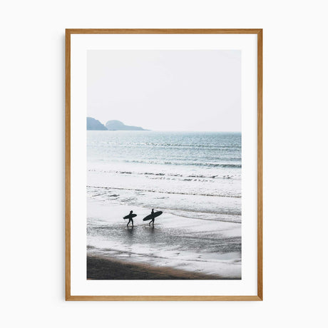 Morning surf art print with two surfers walking on a calm beach