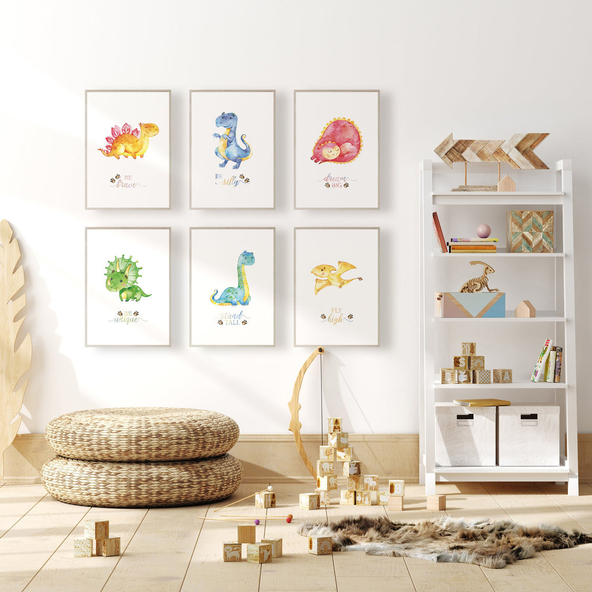 Set of 6 colourful dinosaur wall art prints with motivational quotes for kids rooms