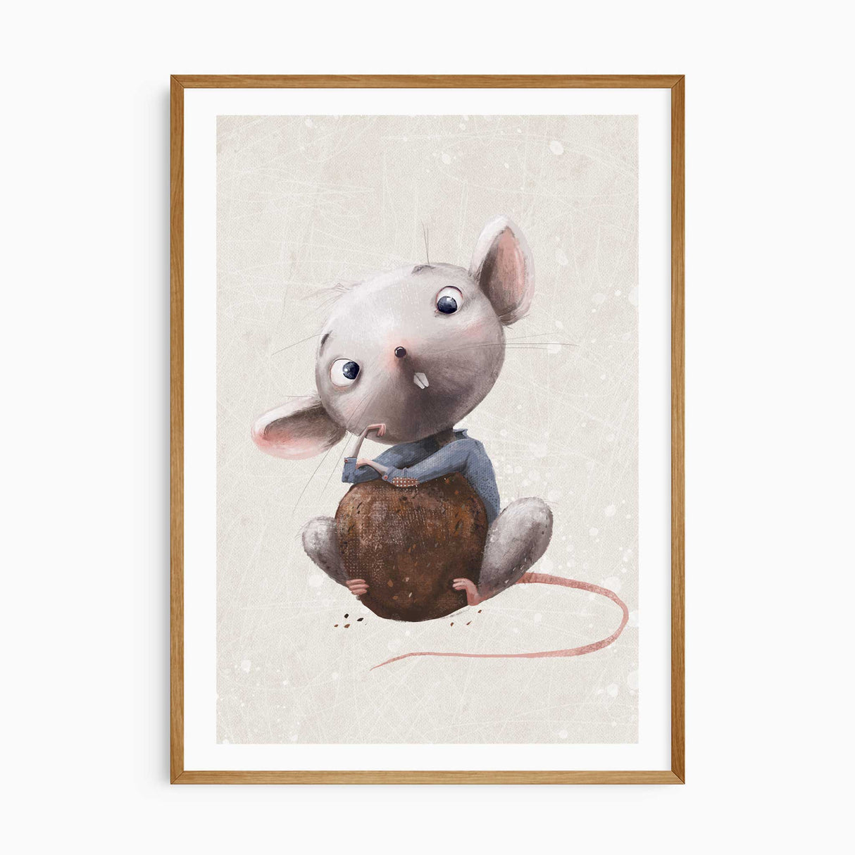 Cute illustrated mouse nursery wall art print with soft neutral tones for boys girls and gender neutral bedroom décor